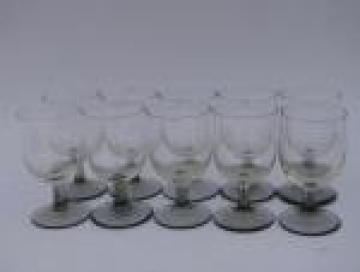 10 tiny liqueur or cordial glasses, smoke & crystal glass stemware goblets