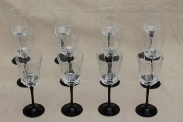 12 Octime Arcoroc wine glasses or water goblets, black glass stems w/ crystal clear bowls
