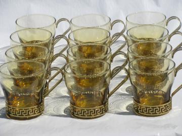 12 vintage punch cups, 70s mod amber bar glasses w/ greek key bands