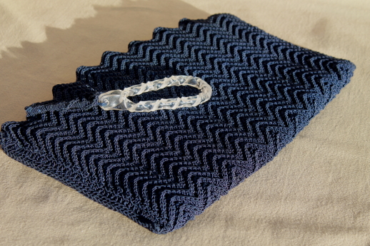 1930s 40s vintage navy blue clutch purse, large flat envelope bag rayon gimp crochet