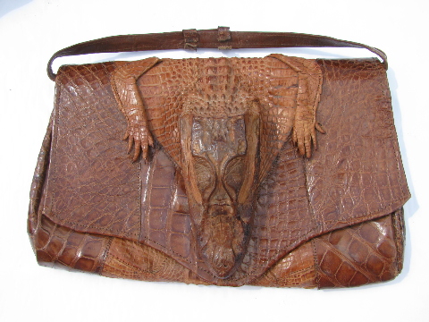 1940s baby alligator purse w/ full body hide & head, vintage Brazilian leather