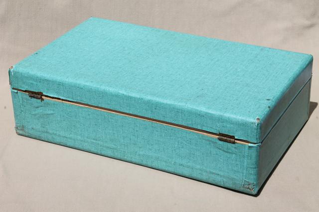 1950s 60s vintage little suitcase w/ retro turquoise color contact paper