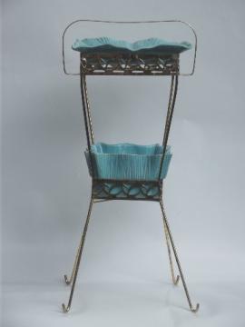 1950s 60s vintage wire smoking stand w/ huge ceramic ashtray, turquoise & gold!