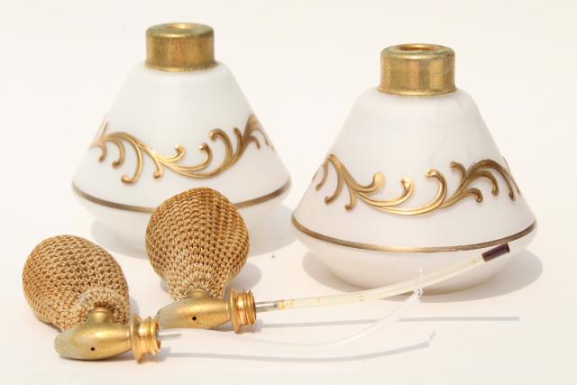 1950s vintage DeVilbiss perfume atomizer bottles, frosted glass w/ gold