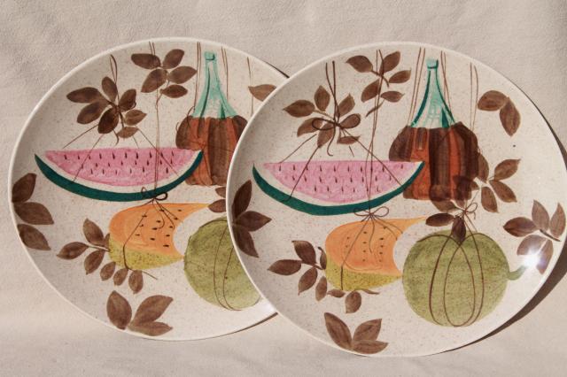 1950s vintage Red Wing pottery Futura Tampico mod fruit pattern dinner plates 