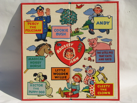 1950s vintage Raggedy Ann game, bright colored illustrated game board