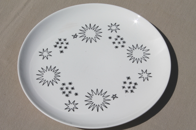 1950s vintage Stetson china dinnerware set for 6, mod atomic stars black & white