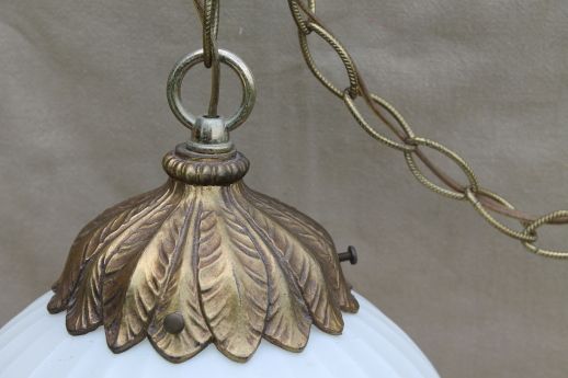 1960s vintage swag lamp, Hollywood regency gold & white pendant light w/ round glass shade