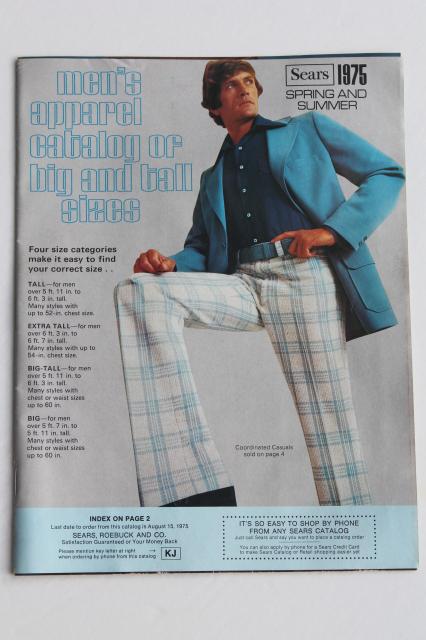 1975 Sears catalog book of men's big & tall clothes, groovy retro disco fashion!