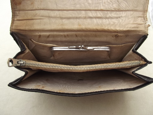 30s 40s vintage envelope clutch purse, leather w/ green bakelite buckle