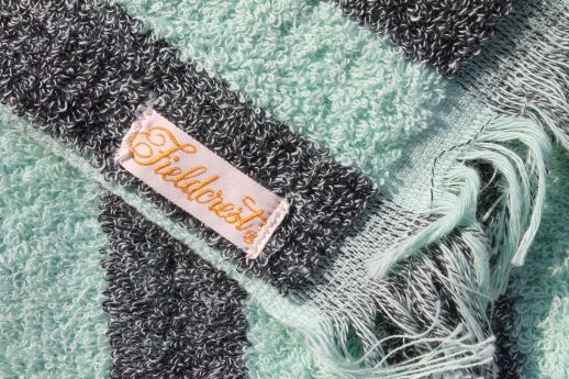30s vintage bath towel & washcloth set, art deco black & mint green striped cotton