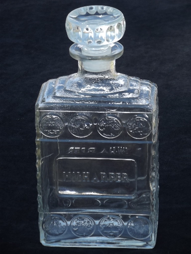 40s vintage I W Harper whiskey bottles, coin glass decanter lot w/ label