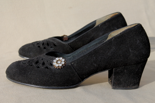 40s vintage velvet black suede leather round toe pumps, mid heel dance shoes w/ rhinestones