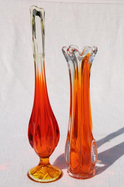 50s 60s vintage art glass bud vases, mod flame orange / clear glass hand blown swung shapes