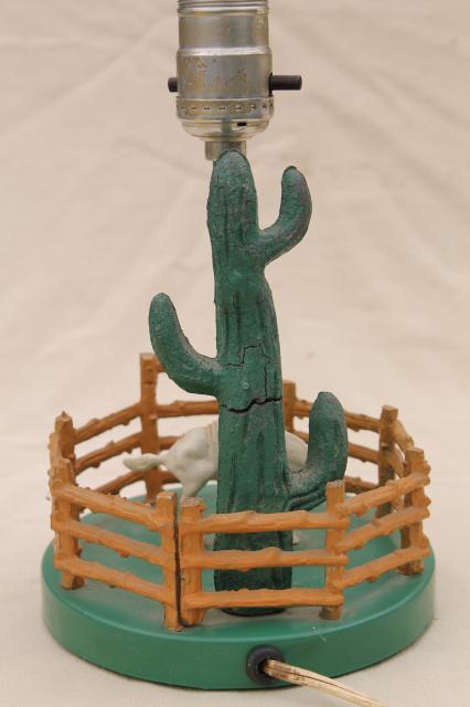 50s 60s vintage cast iron lamp w/ saguaro cactus, plastic cowboy & horse, original print paper shade