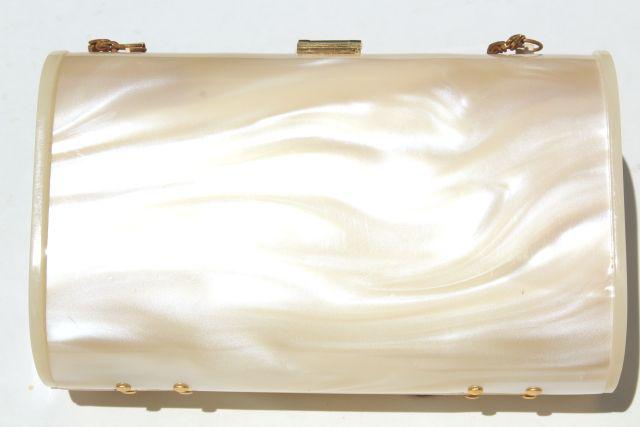 50s 60s vintage pearly plastic evening purse, compact box bag, clutch w/ shoulder strap chain