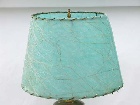 50s Eames era vintage atomic wire table or desk lamp, mod laced parchment shade in aqua