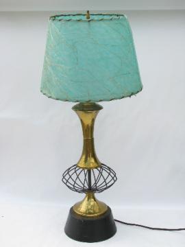 50s Eames era vintage atomic wire table or desk lamp, mod laced parchment shade in aqua