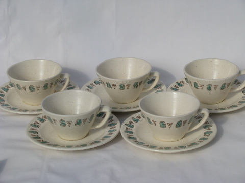 50s mid-century mod aqua geometric dinnerware, vintage Metlox Navajo cups & saucers