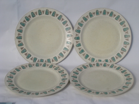 50s mid-century mod aqua geometric dinnerware, vintage Metlox Navajo plates