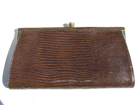 50's retro brown lizard / snakeskin leather clutch purse lot