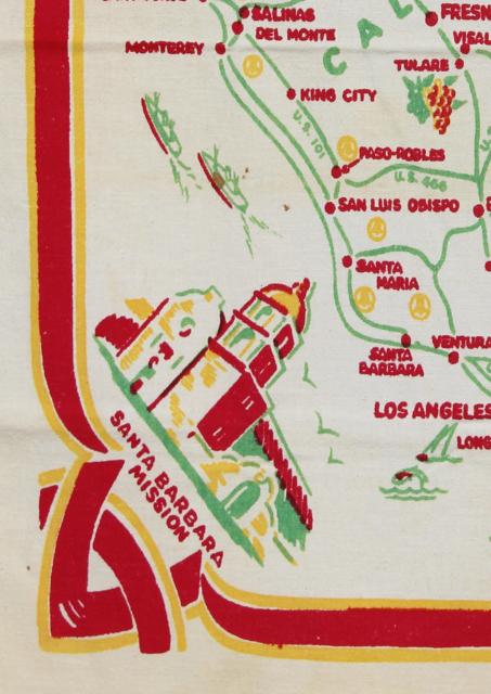 50s vintage California map print tablecloth, southern Cali cities & landmarks
