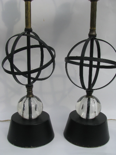 50s vintage atomic table lamps, mid-century modern metal w/ glass orbs