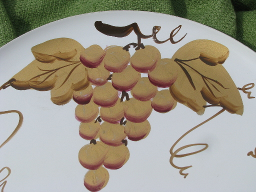 50s vintage gold grapes white tole metal tray, Florence Thomas label