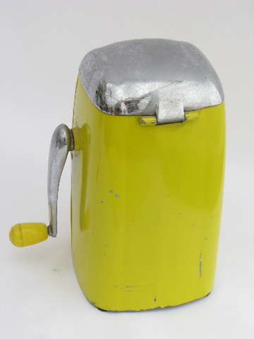 50s vintage hand-crank ice crusher, Vogue Ice-O-Mat, retro yellow