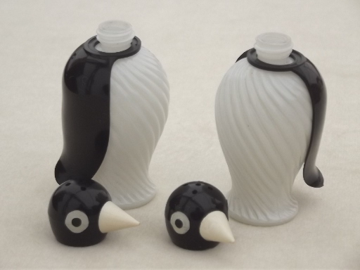 50s vintage penguin salt & pepper shakers, art deco glass jar S&P