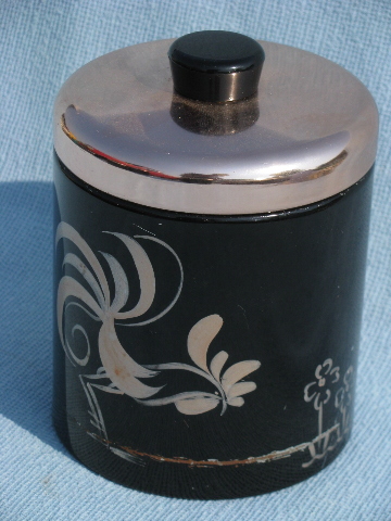 50s vintage Ransburg roosters kitchen canister set, black & copper pink