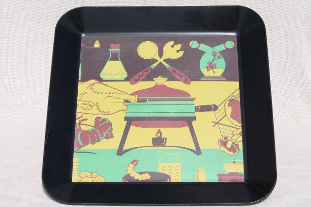 50s vintage serving tray w/ retro barbeque grill buffet print on black melamine