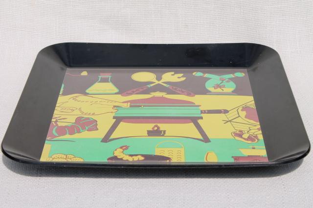 50s vintage serving tray w/ retro barbeque grill buffet print on black melamine