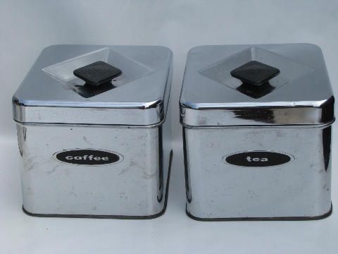 50s-60s vintage kitchen canisters, mod silver chrome canister set
