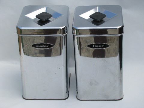 50s-60s vintage kitchen canisters, mod silver chrome canister set