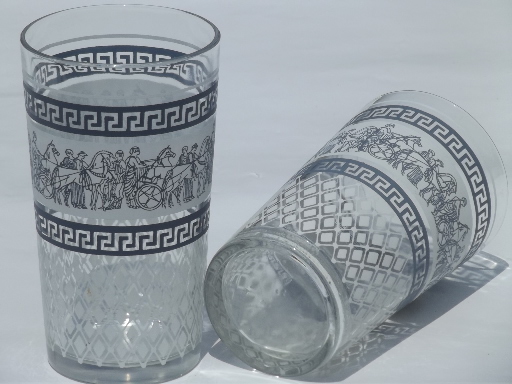 6 blue and white classical greek key pattern glass tumblers, 60s vintage