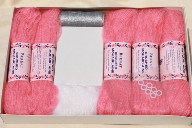 60 vintage knitting kit w/ pattern, retro snug cardigan sweater pink mohair yarn w/ silver