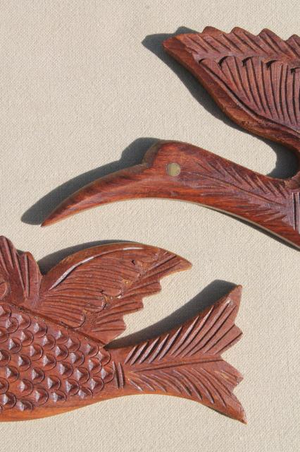 60s 70s hippie vintage carved wood birds from India, retro wall hanging plaques set