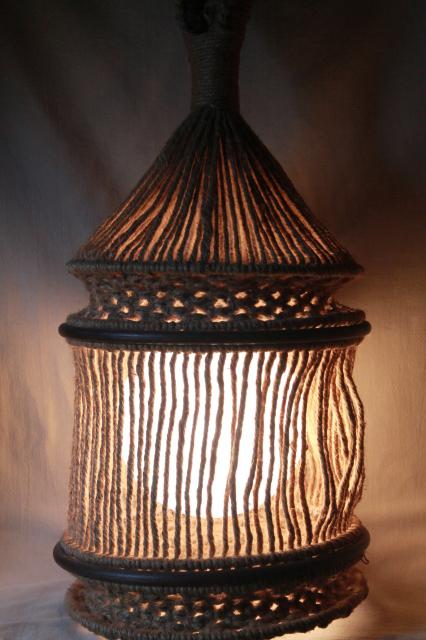 60s 70s hippie vintage macrame jute rope hanging light, huge globe lantern swag lamp