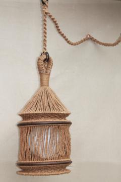 60s 70s hippie vintage macrame jute rope hanging light, huge globe lantern swag lamp