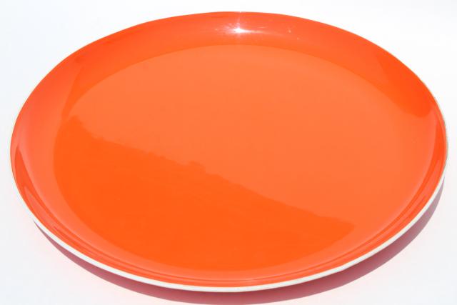 60s 70s mod vintage orange plastic serving tray, big round plate or platter