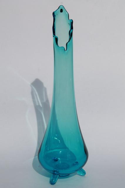 60s 70s vintage aqua blue art glass vase, mid-century mod tall asymmetrical vase