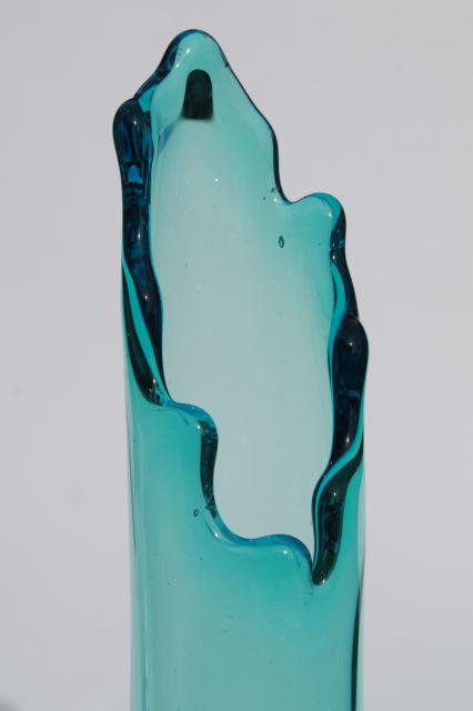 60s 70s vintage aqua blue art glass vase, mid-century mod tall asymmetrical vase
