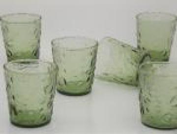 60s 70s vintage avocado green tumblers set, bubble crater textured glass