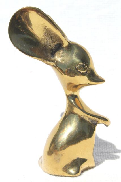 60s 70s vintage big eyed mouse w/ huge ears, solid brass animal paperweight figurine