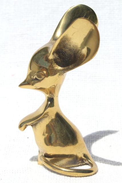 60s 70s vintage big eyed mouse w/ huge ears, solid brass animal paperweight figurine