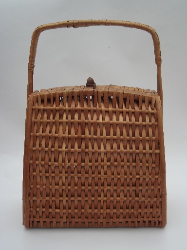 60s 70s vintage box bag basket purse, natural rattan wicker, retro shape