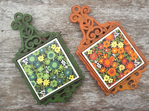 60s 70s vintage cast iron trivets, orange & green w/ daisies  ceramic tiles