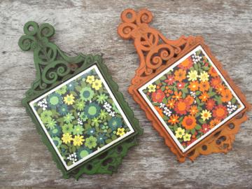 60s 70s vintage cast iron trivets, orange & green w/ daisies  ceramic tiles