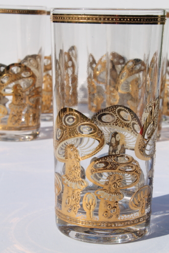 60s 70s vintage Culver glasses w/ retro gold mushrooms, magic mushroom bar glass set
